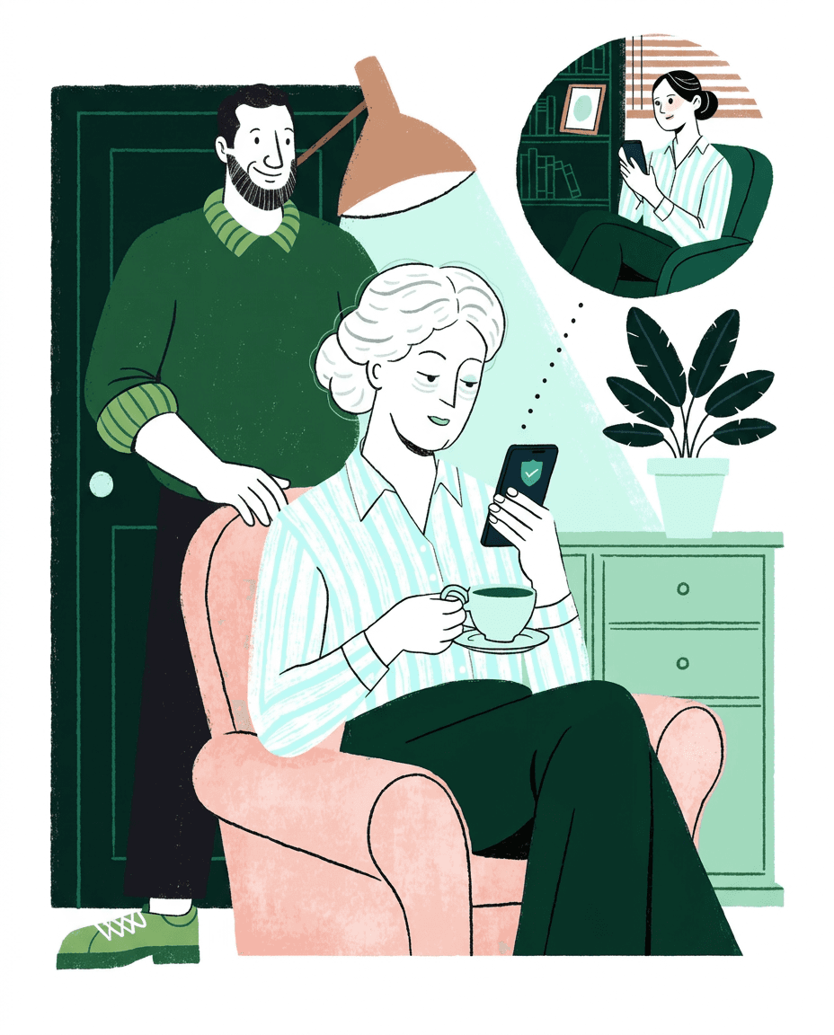 An older woman with a cup of tea calmly checking her phone, while in a small vignette her daughter receives a gentle alert on hers