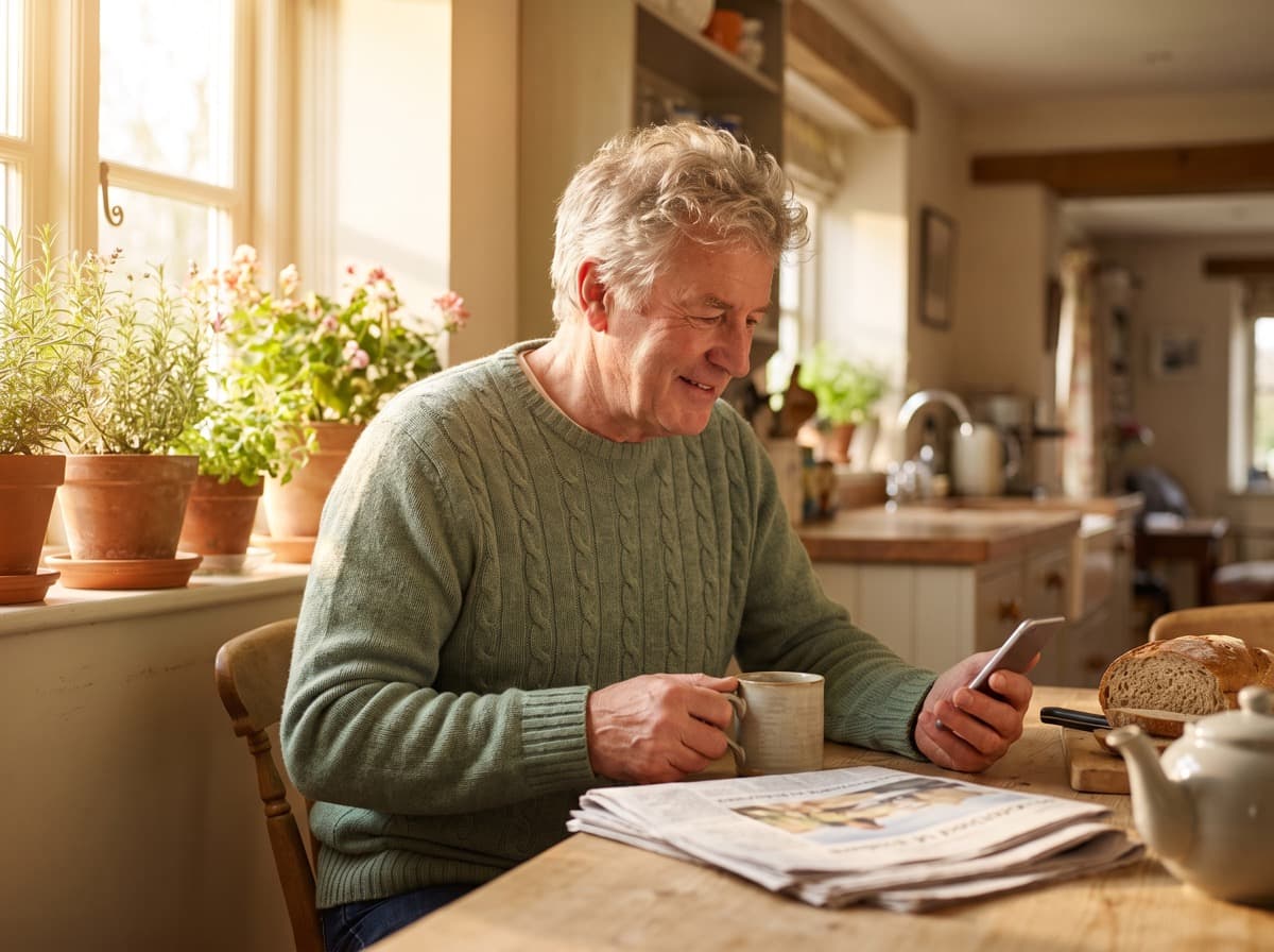 An older man calmly reading a message on his phone at a bright kitchen table
